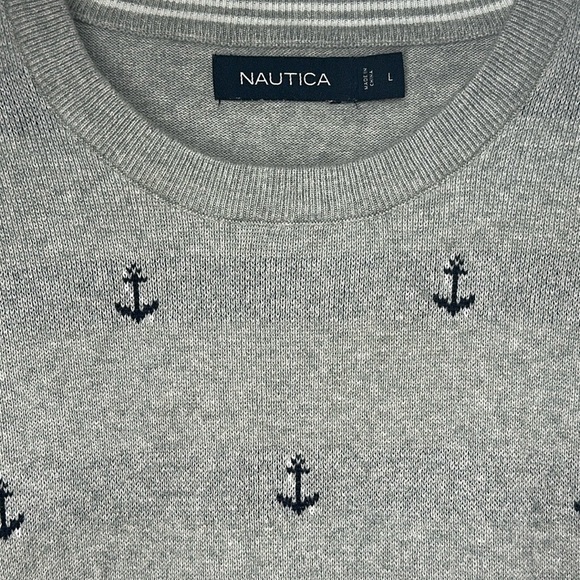 Nautica Gray Anchor Print Cotton Crewneck Sweater Size L - Picture 5 of 7